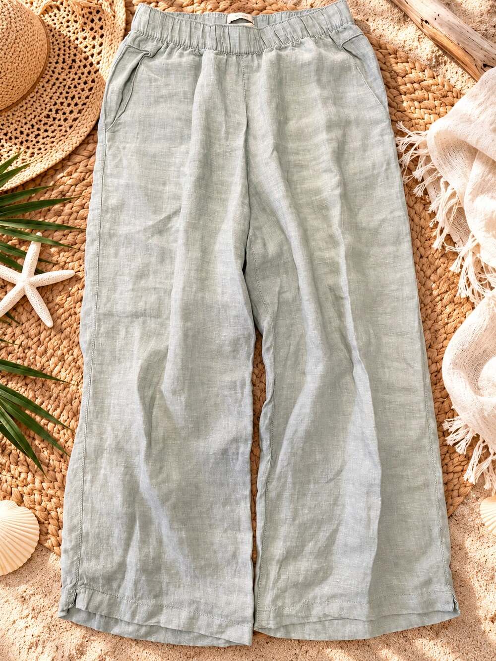 Cynthia Rowley 100% Linen Wide Leg Pants Sage Green Beach Resort Summer Size M